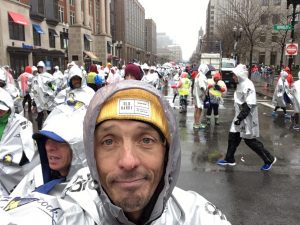 Jacek Cieluszecki in thermal poncho after Boston Marathon
