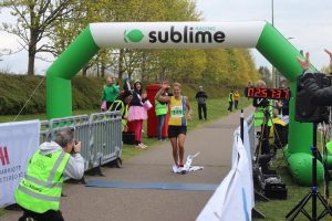 Emma Caplan finishes the Peterborough Marathon