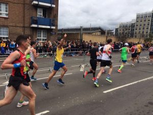 Rich Brawn acknowledges the crowd in the London Marathon