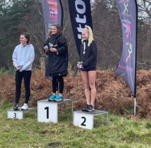 Neve and Emily on podium in the Winter Woodland Run 4k