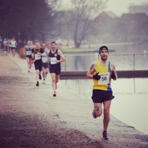 Trev Elkins going well in the Round the Lakes 10k