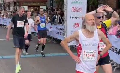 Geoff Newton runs for England in Masters Half Marathon and wins M75 category