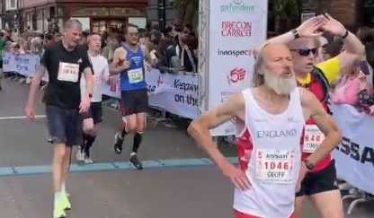 Geoff Newton runs for England in Masters Half Marathon and wins M75 category