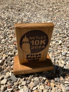 Barry Dolman's trophy for 1st Male V50 at the Netley 10k