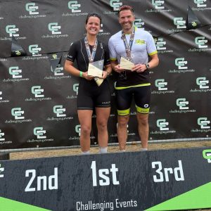 Beth Dowbiggin with her trophy for finishing third female in the New Forest Standard Triathlon