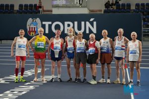 The M80s assemble ahead of their 3000m race at the European Masters Indoor Championships