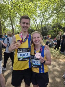 Jack Barwick and Katie Gunn after completing the London Marathon