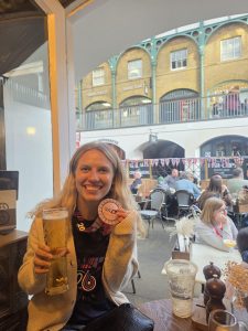 Katie Gunn enjoying another pint after the London Marathon